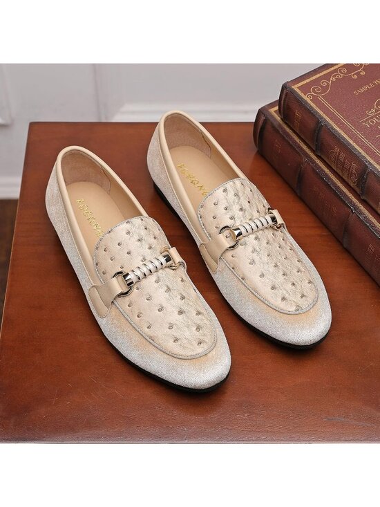 FQEQNQG Men\'s Beige Velvet Loafers Rose Gold Buckle Penny Slip On Casual Shoes main image 5
